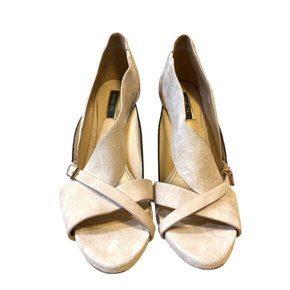 Rachel Zoe Shoes - Rachel Zoe Womens Beige Suede Open-Toe Heels With Gold Accents Size 11